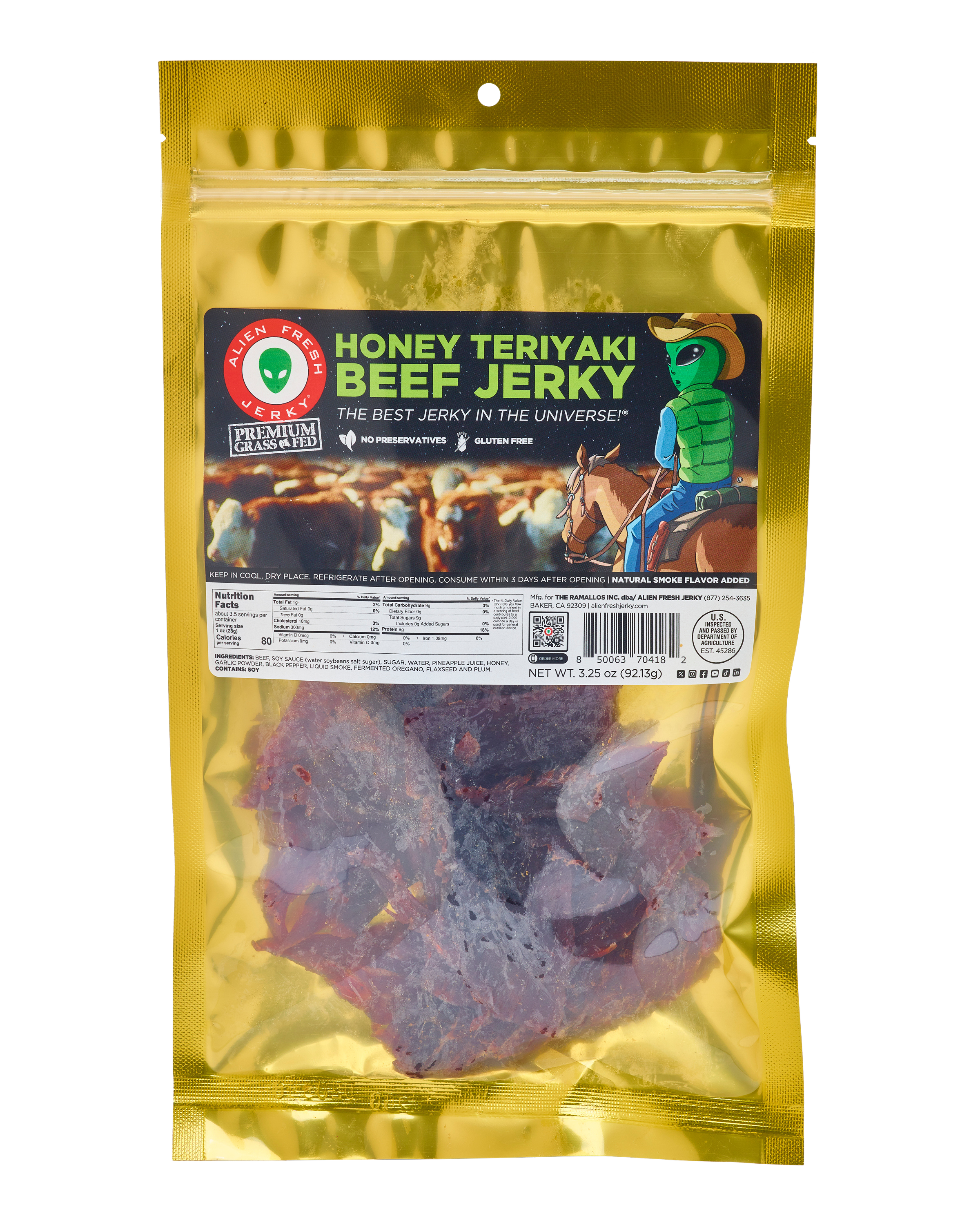 Grass-Fed Honey Teriyaki Beef Jerky (3.25 oz) | Alien Fresh Jerky