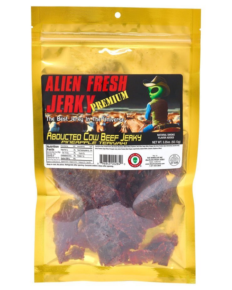 Box of 25 | Abducted Cow Pineapple Teriyaki Beef Jerky (3.25 oz) - Alien Fresh Jerky
