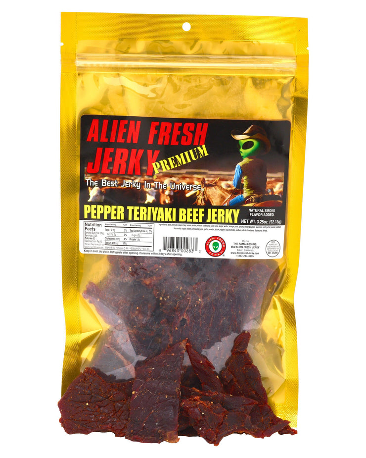 Box of 25 | Pepper Teriyaki Beef Jerky (3.25 oz) - Alien Fresh Jerky
