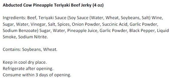 Abducted Cow Teriyaki Beef Jerky (4 oz) - Ingredients