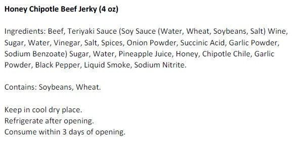 Honey Chipotle Beef Jerky (4 oz) - Ingredients