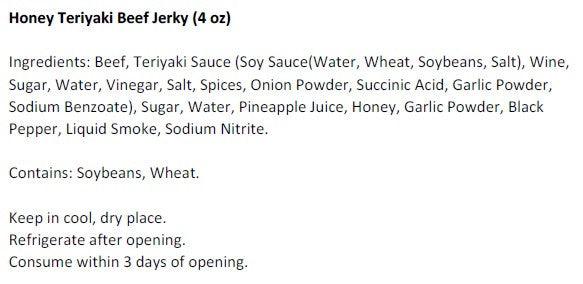 Honey Teriyaki Beef Jerky (4 oz) - Ingredients