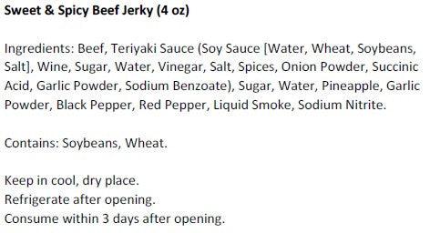 Sweet & Spicy Beef Jerky (4 oz) - Ingredients List